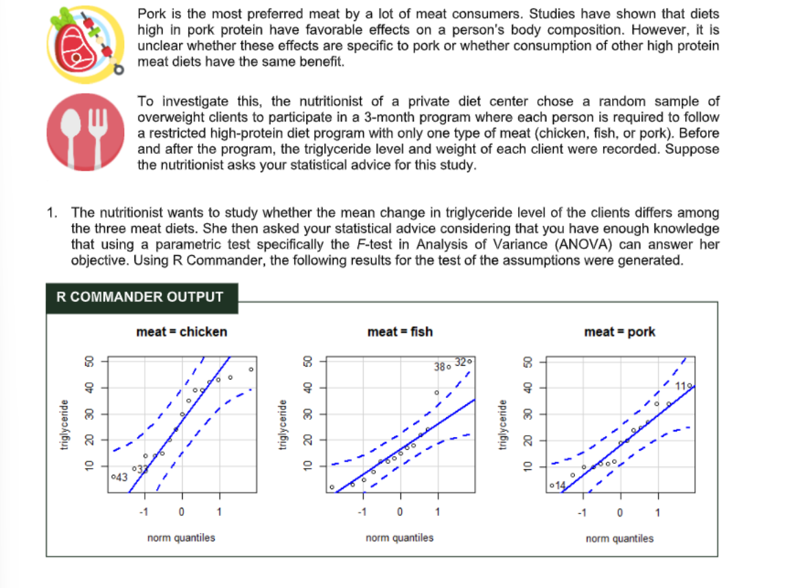 Pork is the most preferred meat by a lot of meat consumers. Studies have shown that diets
high in pork protein have favorable effects on a person's body composition. However, it is
unclear whether these effects are specific to pork or whether consumption of other high protein
meat diets have the same benefit.
To investigate this, the nutritionist of a private diet center chose a random sample of
overweight clients to participate in a 3-month program where each person is required to follow
a restricted high-protein diet program with only one type of meat (chicken, fish, or pork). Before
and after the program, the triglyceride level and weight of each client were recorded. Suppose
the nutritionist asks your statistical advice for this study.
1. The nutritionist wants to study whether the mean change in triglyceride level of the clients differs among
the three meat diets. She then asked your statistical advice considering that you have enough knowledge
that using a parametric test specifically the F-test in Analysis of Variance (ANOVA) can answer her
objective. Using R Commander, the following results for the test of the assumptions were generated.
R COMMANDER OUTPUT
meat = chicken
meat = fish
meat = pork
38. 320
032
043
-- --
-1
1
-1
-1
1
norm quantiles
norm quantiles
norm quantiles
triglyceride
10 20 30 40 50
triglyceride
10 20 30 40 50
triglyceride
10 20
40 50
