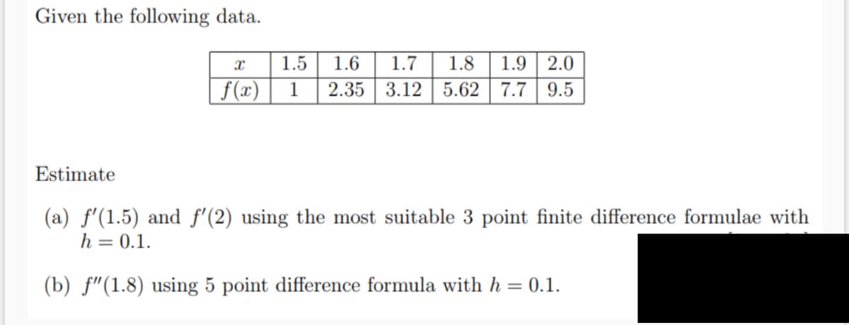 Given the following data.
1.5
1.6
1.7
1.8
1.9 | 2.0
f(x)
1
2.35
3.12 5.62
7.7 9.5
Estimate
(a) f'(1.5) and f'(2) using the most suitable 3 point finite difference formulae with
h = 0.1.
(b) f"(1.8) using 5 point difference formula with h = 0.1.
