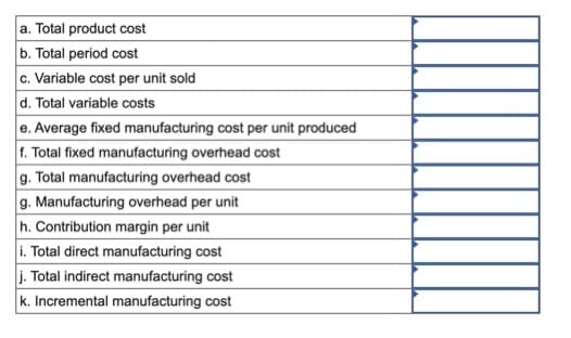 a. Total product cost
b. Total period cost
c. Variable cost per unit sold
d. Total variable costs
e. Average fixed manufacturing cost per unit produced
f. Total fixed manufacturing overhead cost
g. Total manufacturing overhead cost
g. Manufacturing overhead per unit
h. Contribution margin per unit
i. Total direct manufacturing cost
j. Total indirect manufacturing cost
k. Incremental manufacturing cost