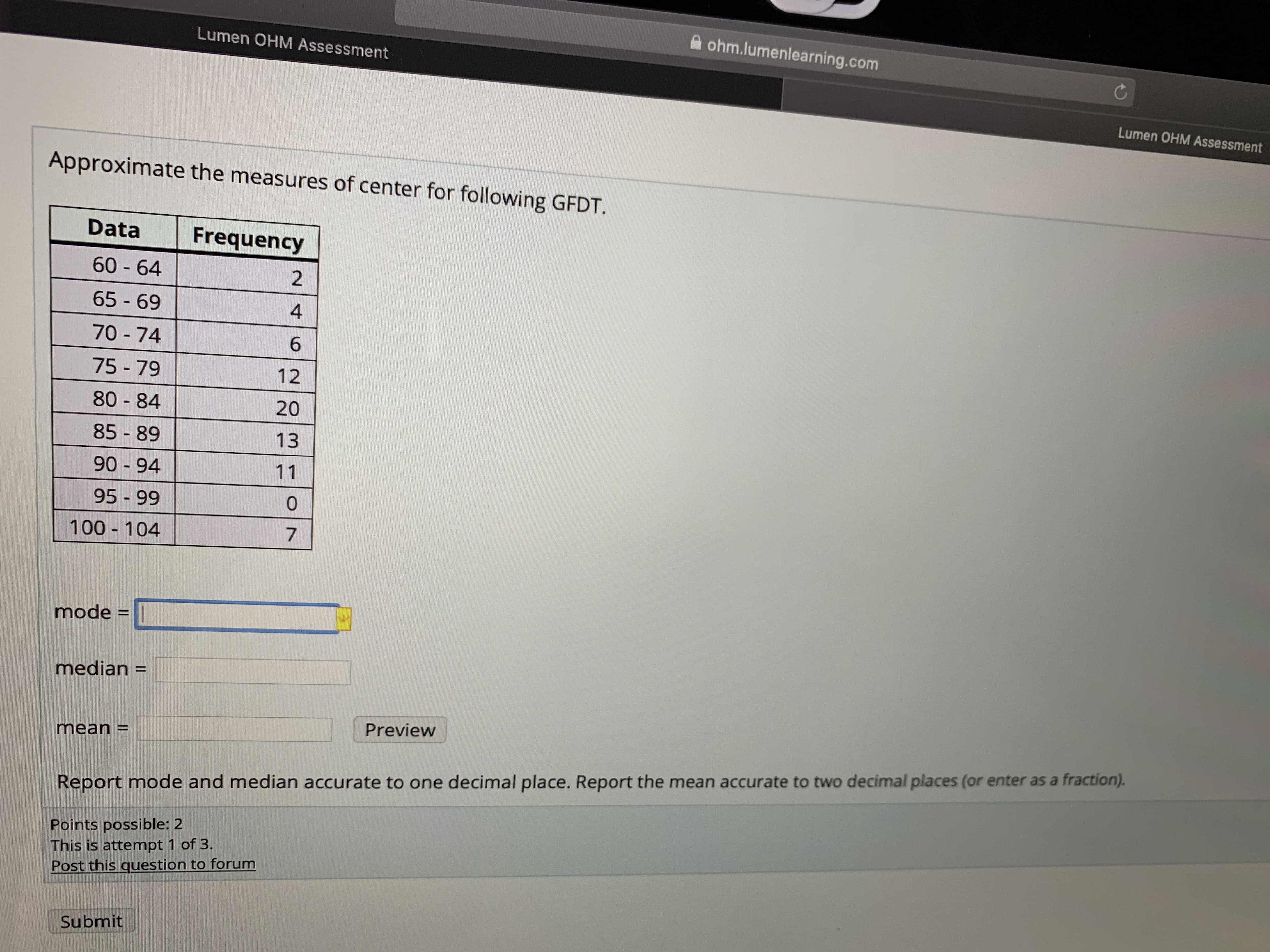 Approximate the measures of center for following GFDT.
Dat.
