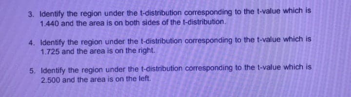 3. Identify the region under the t-distribution corresponding to the t-value which is
1.440 and the area is on both sides of the t-distribution.
4. Identify the region under the t-distribution corresponding to the t-value which is
1.725 and the area is on the right.
5. Identify the region under the t-distribution corresponding to the t-value which is
2.500 and the area is on the left.
