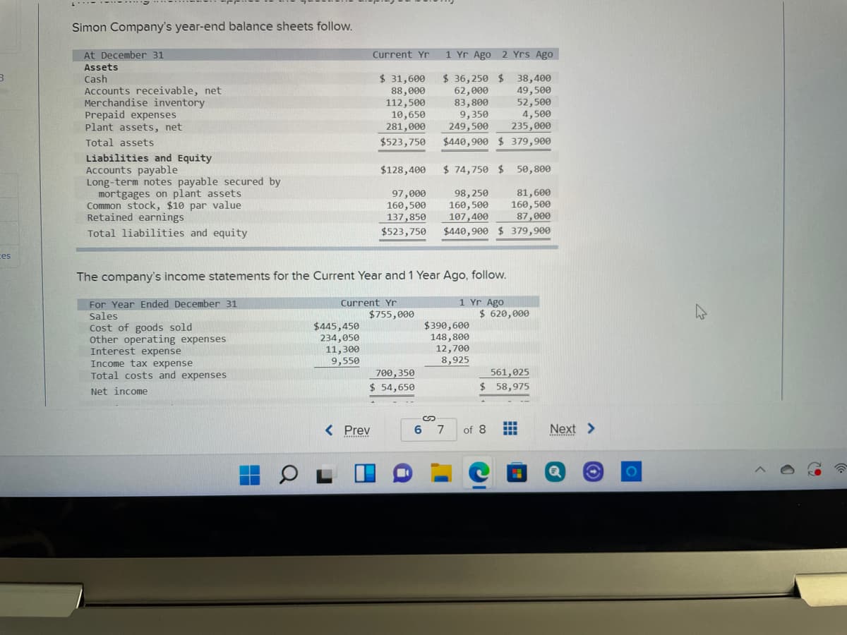 Simon Company's year-end balance sheets follow.
At December 31
Current Yr
1 Yr Ago 2 Yrs Ago
Assets
$ 31,600
88,000
112,500
10,650
281,000
$523,750
$ 36,250 $ 38,400
62,000
83,800
9,350
249,500
$440,900 $ 379,900
Cash
Accounts receivable, net
Merchandise inventory
Prepaid expenses
Plant assets, net
49,500
52,500
4,500
235,000
Total assets
Liabilities and Equity
Accounts payable
Long-term notes payable secured by
mortgages on plant assets
Common stock, $10 par value
Retained earnings
$128,400
$ 74,750 $ 50,800
97,000
160,500
137,850
98,250
160,500
107,400
81,600
160,500
87,000
Total liabilities and equity
$523,750
$440,900 $ 379,900
ces
The company's income statements for the Current Year and 1 Year Ago, follow.
1 Yr Ago
For Year Ended December 31
Sales
Current Yr
$755,000
$ 620,000
Cost of goods sold
other operating expenses
Interest expense
$445,450
234,050
11,300
9,550
$390,600
148,800
12,700
8,925
Income tax expense
Total costs and expenses
700,350
561,025
Net income
$ 54,650
$ 58,975
< Prev
6 7
of 8
Next >
101
