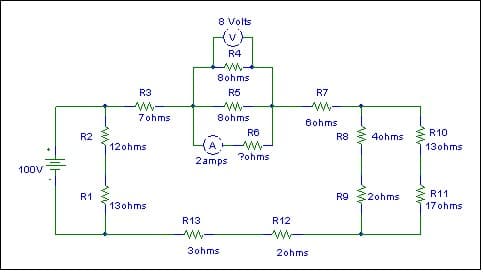 8 Volts
R4
8ohms
R3
R5
R7
7ohms
8ohms
Bohms
R10
R2
R8
4ohms
12ohms
13ohms
Pohms
2amps
100V
R1
R9
2ohms
R11
13ohms
17ohms
R13
R12
3ohms
2ohms
