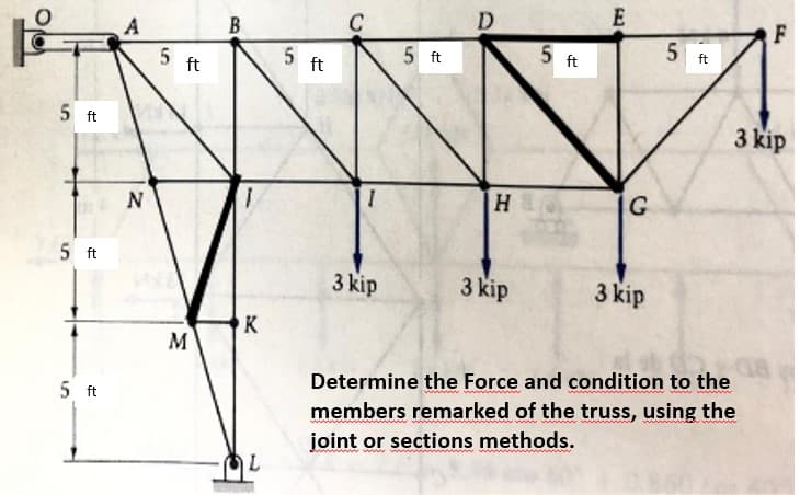 5 ft
5 ft
5 ft
A
N
5 ft
M
B
K
L
5
ft
C
I
3 kip
5 ft
D
H
3 kip
5
ft
E
G
3 kip
5
ft
F
3 kip
Determine the Force and condition to the
members remarked of the truss, using the
joint or sections methods.