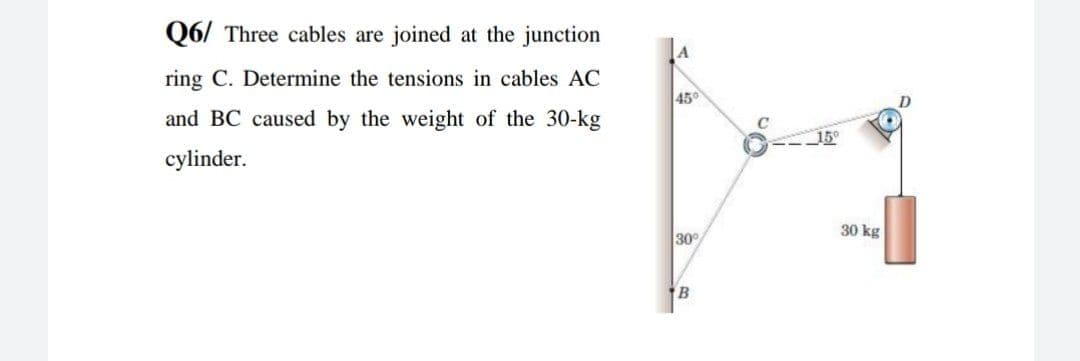 Q6/ Three cables are joined at the junction
ring C. Determine the tensions in cables AC
45°
and BC caused by the weight of the 30-kg
15°
cylinder.
30
30 kg
B
