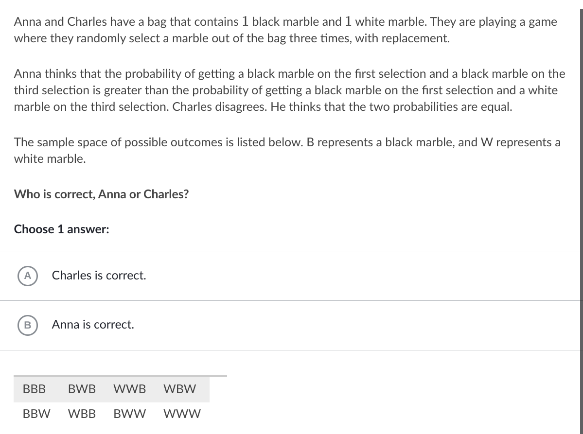 Anna and Charles have a bag that contains 1 black marble and 1 white marble. They are playing a game
where they randomly select a marble out of the bag three times, with replacement.
Anna thinks that the probability of getting a black marble on the first selection and a black marble on the
third selection is greater than the probability of getting a black marble on the first selection and a white
marble on the third selection. Charles disagrees. He thinks that the two probabilities are equal.
The sample space of possible outcomes is listed below. B represents a black marble, and W represents a
white marble.
Who is correct, Anna or Charles?
Choose 1 answer:
A
Charles is correct.
Anna is correct.
BBB
BWB
WWB
WBW
BBW
WBB
BWW
www
