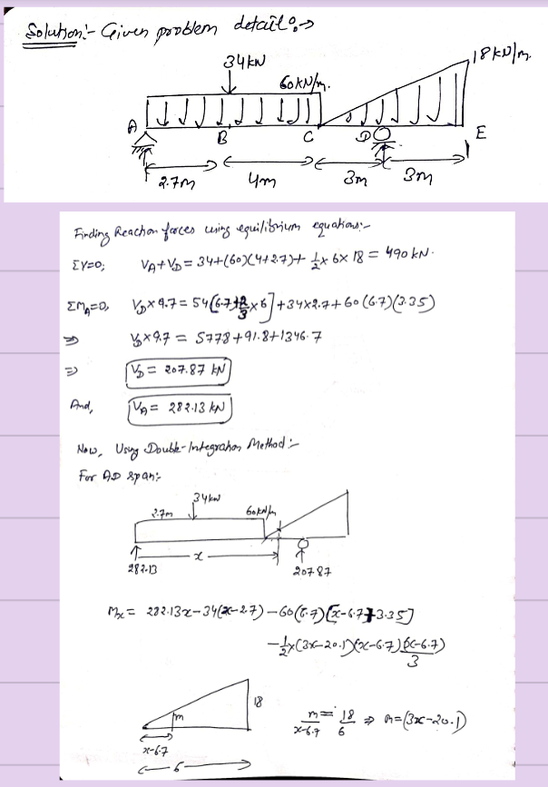 Solubon- Given poobem detail>
34 kN
C
E
2.7M
3m
Frding
Reachan farces wing deguil.ibrium eguakions
VA+ V = 34+(60X4427)+ tx 6× 18 = 490 kN -
+34X2.7.
yx9.7= 5778+91.8+1346-7
y= 207.87 kN
And,
VA=2813 k
Now, Usng Doubk- Integraho, Method '
For AD 8pani-
287-13
207 87
M= 232:132-34(2-27) –60(7.7)E-«773.15]
3
メイ
x-67
