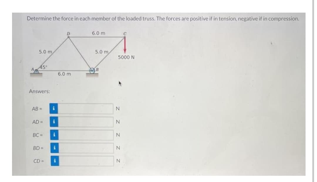 Determine the force in each member of the loaded truss. The forces are positive if in tension, negative if in compression.
6.0 m
5.0 m
5.0 m
5000 N
45°
6.0 m
Answers:
AB =
AD =
BC =
BD
i
N.
CD =
z z z z
