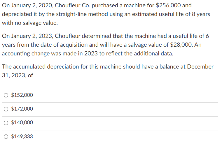 On January 2, 2020, Choufleur Co. purchased a machine for $256,000 and
depreciated it by the straight-line method using an estimated useful life of 8 years
with no salvage value.
On January 2, 2023, Choufleur determined that the machine had a useful life of 6
years from the date of acquisition and will have a salvage value of $28,000. An
accounting change was made in 2023 to reflect the additional data.
The accumulated depreciation for this machine should have a balance at December
31, 2023, of
$152,000
$172,000
O $140,000
$149,333