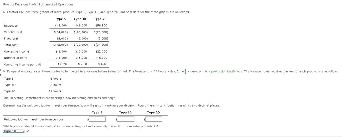 Product Decisions Under Bottlenecked Operations
Mill Metals Inc. has three grades of metal product, Type 5, Type 10, and Type 20. Financial data for the three grades are as follows:
Type 5
Type 10
Type 20
$43,000
$49,000
$56,500
$(34,000) $(28,000) $(26,500)
(8,000)
(8,000)
$(42,000)
(8,000)
$(36,000)
$(34,500)
$22,000
$ 1,000
÷ 5,000
+ 5,000
$ 0.20
$4.40
Revenues
Variable cost
Fixed cost
Total cost
Operating income
Number of units
Operating income per unit
Mill's operations require all three grades to be melted in a furnace before being formed. The furnace runs 24 hours a day, 7 days a week, and is a production bottleneck. The furnace hours required per unit of each product are as follows:
Type 5:
Type 10:
Type 20:
The Marketing Department is considering a new marketing and sales campaign.
Determining the unit contribution margin per furnace hour will assist in making your decision. Round the unit contribution margin to two decimal places.
Type 5
Type 10
Type 20
6 hours
6 hours
12 hours
$13,000
+ 5,000
$ 2.60
Unit contribution margin per furnace hour
Which product should be emphasized in the marketing and sales campaign in order to maximize profitability?
Type 10