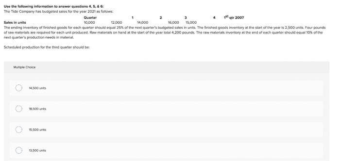 Use the following information to answer questions 4, 5, & 6:
The Tide Company has budgeted sales for the year 2021 as follows:
Quarter
1at qtr 2007
Sales in units
The ending inventory of finished goods for ench quarter should equal 25% of the next quarter's budgeted sales in units. The finished goods inventory at the start of the year is 2,500 units. Four pounds
10,000
12,000
14,000
16,000
15,000
of raw materials are required for each unit produced. Raw materials on hand at the start of the year sotal 4,200 pounds. The raw materials inventory at the end of eech quarter should equal 10% of the
next quarter's production needs in material.
Scheduled production for the third quarter should be
Multiple Choice
14.500 unts
8,500 unts
5,500 unts
3,500 units
