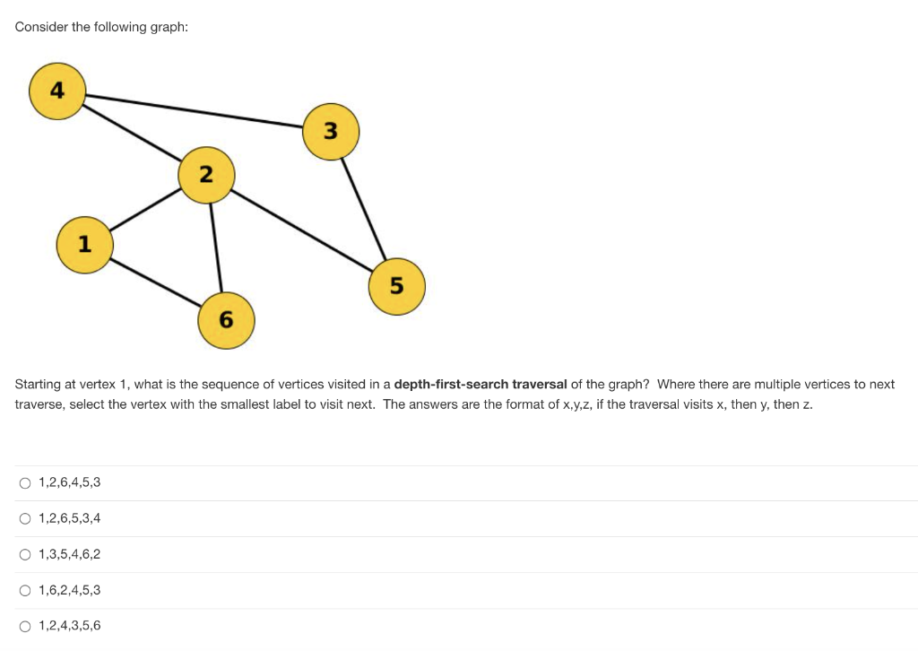 Consider the following graph:
5
6.
Starting at vertex 1, what is the sequence of vertices visited in a depth-first-search traversal of the graph? Where there are multiple vertices to next
traverse, select the vertex with the smallest label to visit next. The answers are the format of x,y,z, if the traversal visits x, then y, then z.
O 1,2,6,4,5,3
O 1,2,6,5,3,4
O 1,3,5,4,6,2
O 1,6,2,4,5,3
O 1,2,4,3,5,6
