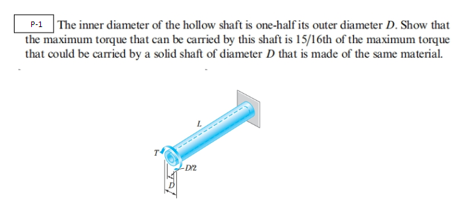 | The inner diameter of the hollow shaft is one-half its outer diameter D. Show that
the maximum torque that can be carried by this shaft is 15/16th of the maximum torque
that could be carried by a solid shaft of diameter D that is made of the same material.
P-1
Dr2
