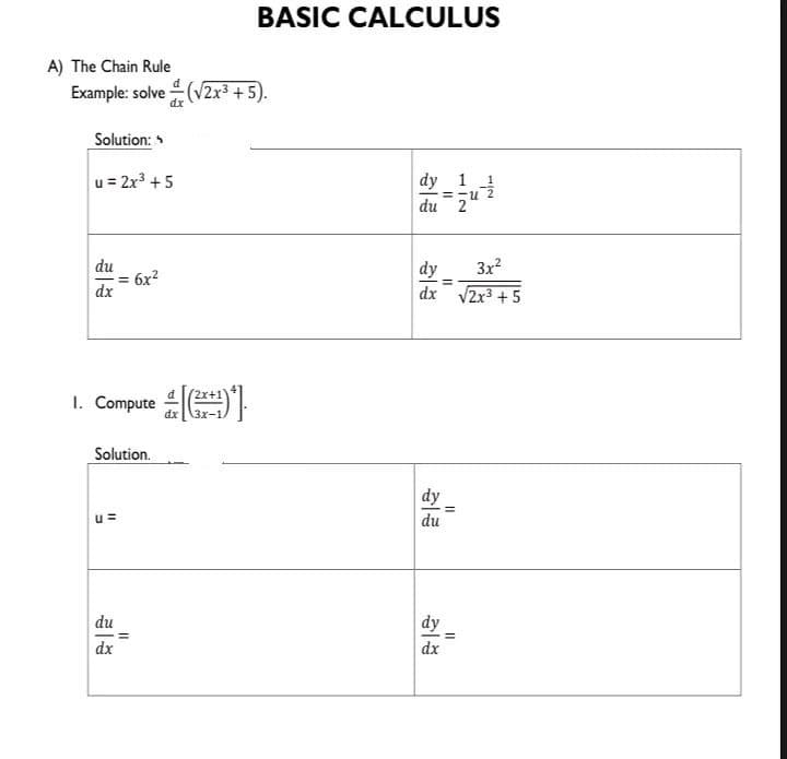 A) The Chain Rule
Example: solve(√2x³+5).
Solution:
u= 2x³ +5
du
dx
11
1. Compute(+1)*
u=
Solution.
du
dx
6x²
||
BASIC CALCULUS
dy 1
du
dy
du
11
dy 3x²
dx √2x³ +5
dy
dx
11
||
NIL
||