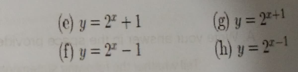 (e) y = 2" + 1
(g) y = 2+1
(h) y = 2"-1
(f) y = 2" – 1
-
%3D
