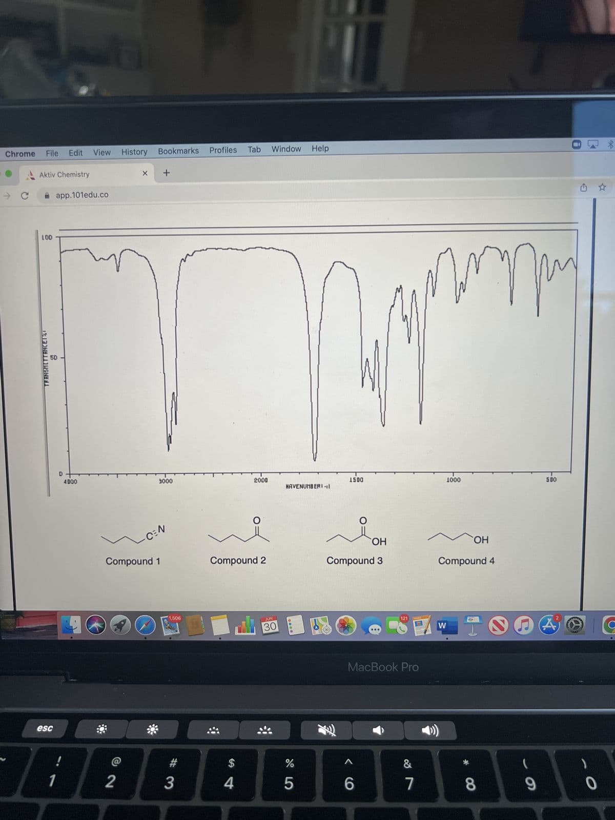 Chrome File Edit View History Bookmarks Profiles Tab Window Help
- с
Aktiv Chemistry
LOD
TRANSHITTANCETT
app.101edu.co
50
esc
1
D
4000
X
2
+
3000
Compound 1
CEN
1,506
#
3
$
2000
Compound 2
4
O
JUN
30
HAVENUMBERI-11
do 5
%
1500
OH
Compound 3
O
<
6
121
MacBook Pro
PAGES
&
7
mm
1000
W
Compound 4
*
при
OH
8
(
9
500
434
G
0
☆