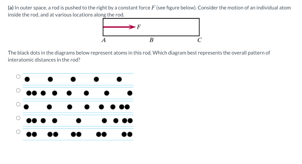 (a) In outer space, a rod is pushed to the right by a constant force F (see figure below). Consider the motion of an individual atom
inside the rod, and at various locations along the rod.
F
A
B
The black dots in the diagrams below represent atoms in this rod. Which diagram best represents the overall pattern of
interatomic distances in the rod?
