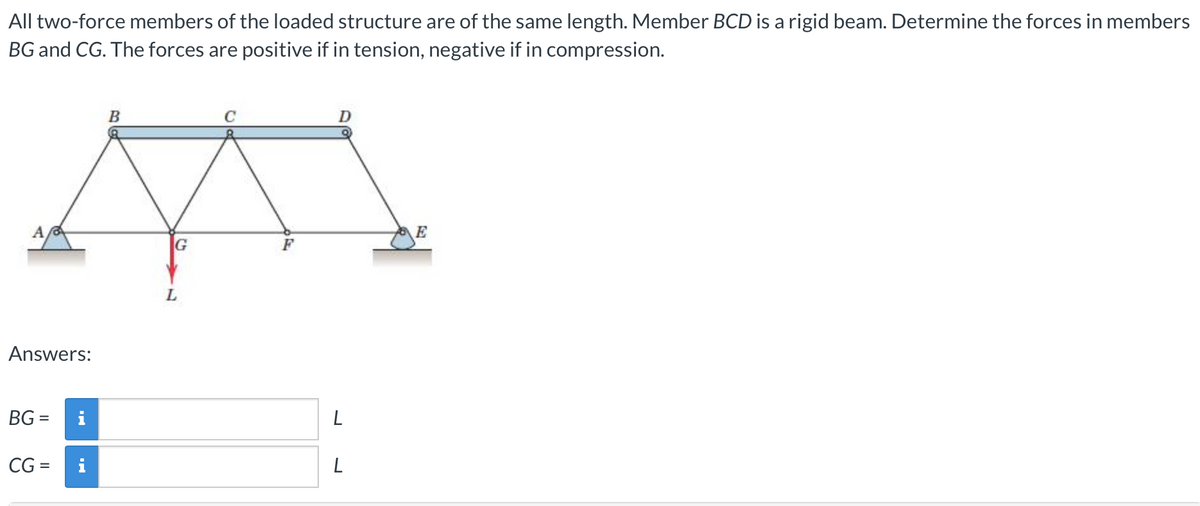 All two-force members of the loaded structure are of the same length. Member BCD is a rigid beam. Determine the forces in members
BG and CG. The forces are positive if in tension, negative if in compression.
E
F
Answers:
BG =
i
CG =
L
%3D
