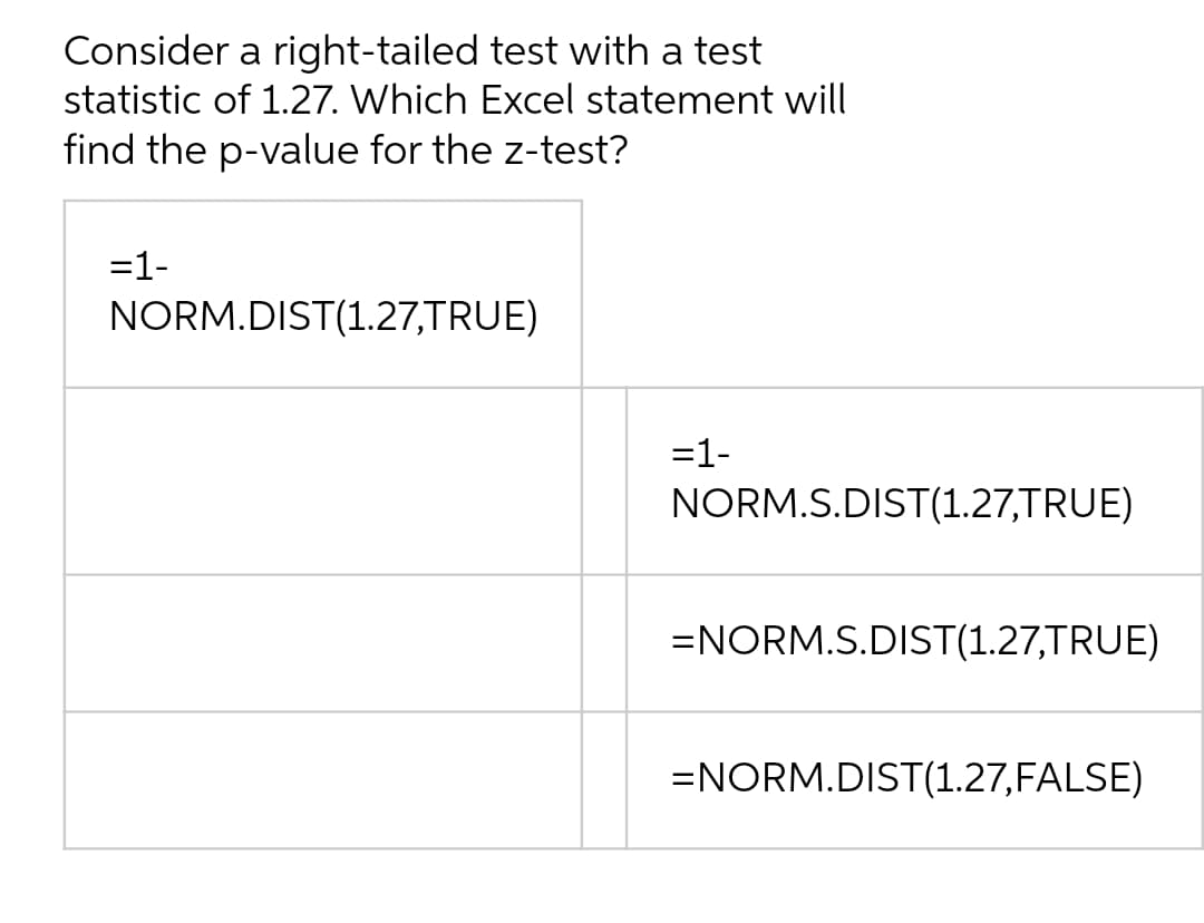 Consider a right-tailed test with a test
statistic of 1.27. Which Excel statement will
find the p-value for the z-test?
=1-
NORM.DIST(1.27,TRUE)
=1-
NORM.S.DIST(1.27,TRUE)
=NORM.S.DIST(1.27,TRUE)
=NORM.DIST(1.27,FALSE)
