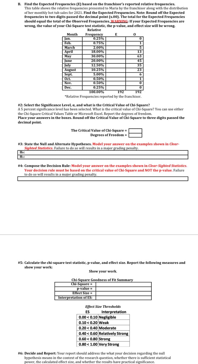 B. Find the Expected Frequencies (E) based on the franchisor's reported relative frequencies.
This table shows the relative frequencies presented to Maria by the franchisor along with the distribution
of her monthly hot tub sales for 2021. Find the Expected Frequencies. Note: Round off the Expected
frequencies to two digits passed the decimal point (x.00). The total for the Expected Frequencies
should equal the total of the Observed Frequencies. WARNING: If your Expected Frequencies are
wrong, the value of your Chi-Square test statistic, the p-value, and effect size will be wrong.
Relative
Month
Jan.
Feb.
March
April
May
June
July
August
Sept.
Oct.
Frequency
0.25%
0.75%
2.00%
18.00%
30.00%
20.00%
12.50%
13
63
45
35
10.25%
23
5.00%
0.50%
1
Nov.
0.50%
Dec.
0.25%
100.00%
192
192
*Relative Frequencies reported by the franchisor.
#2: Select the Significance Level, a, and what is the Critical Value of Chi-Square?
A 5 percent significance level has been selected. What is the critical value of Chi-Square? You can use either
the Chi-Square Critical Values Table or Microsoft Excel. Report the degrees of freedom.
Place your answers in the boxes. Round off the Critical Value of Chi-Square to three digits passed the
decimal point.
The Critical Value of Chi-Square =
Degrees of Freedom =
# 3: State the Null and Alternate Hypotheses. Model your answer on the examples shown in Clear-
Sighted Statistics. Failure to do so will results in a major grading penalty.
Ho:
Hi:
# 4: Compose the Decision Rule: Model your answer on the examples shown in Clear-Sighted Statistics.
Your decision rule must be based on the critical value of Chi-Square and NOT the p-value. Failure
to do so will results in a major grading penalty.
#5: Calculate the chi-square test statistic, p-value, and effect size. Report the following measures and
show your work:
Show your work.
Chi-Square Goodness of Fit Summary
Chi-Square =
p-value =
Effect Size =
Interpretation of ES:
Effect Size Thresholds
Interpretation
0.00 < 0.10 Negligible
ES
0.10 < 0.20 weak
0.20 < 0.40 Moderate
0.40 < 0.60 Relatively Strong
0.60 < 0.80 Strong
0.80 < 1.00 very Strong
#6: Decide and Report: Your report should address the what your decision regarding the null
hypothesis means in the context of the research question, whether there is sufficient statistical
power, the calculated effect size, and whether the results have practical significance.
