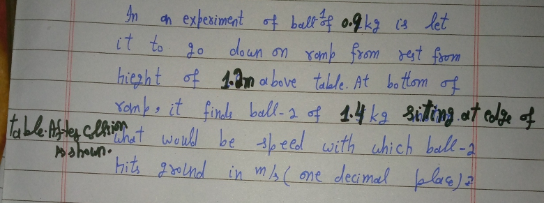 n expeximent of bellt of og kg (s let
it to 20
do un on romb from rest fom
hiezht of 98m above table. At bottom of
Yanb it fine bull-a of d4k3 Siting at alze of
Tbe Atlep clhint wold be sbeed with which ball-2
blae)a
Ashoun.
hits 2ond in mlb ( one decimal
十
