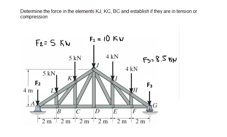 Determine the force in the elements KJ, KC, BC and establish if they are in tension or
compression
F1 = 10 KN
F2= S KN
5 kN
4 kN
Fy= 8.5 15N
4 kN
5 kN,
K
F2
F3
4 m
LY
HA
B
2 m
E
2 m
2 m 2 m T 2 m T 2 m
