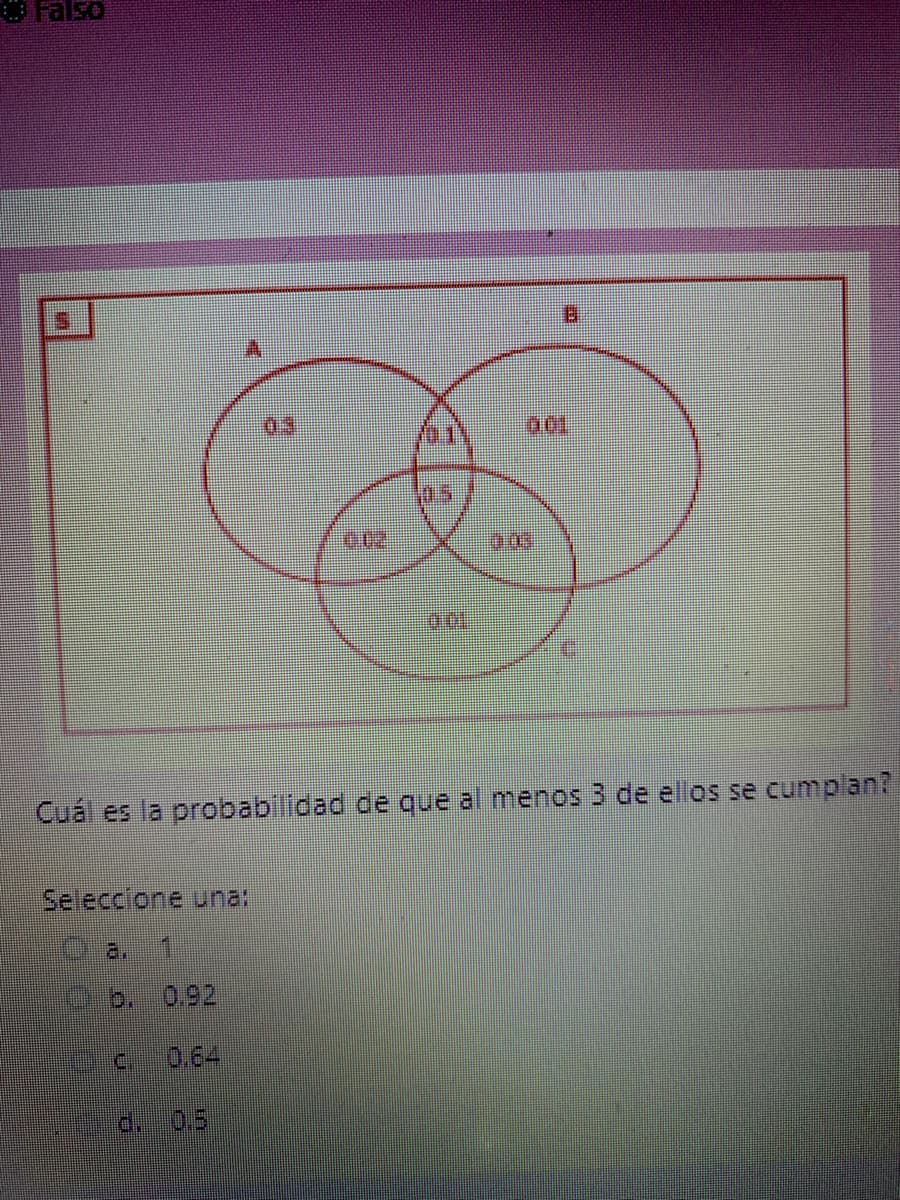 O also
003
Cuál es la probabilidad de que al menos 3 de ellos se cumplan?
Seleccione una:
a.
1
0-0. 0.92
c.
0.64
0.5
