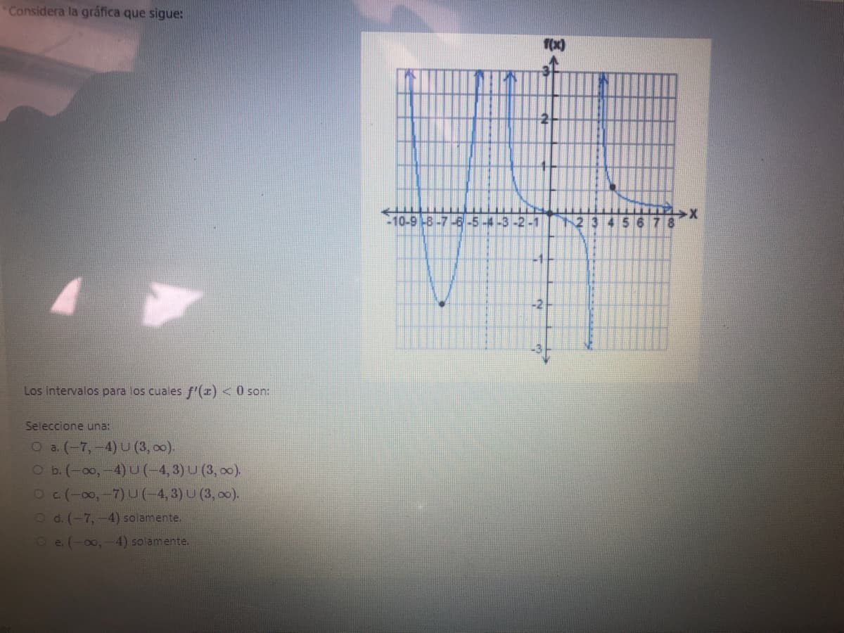 Considera la gráfica que sigue:
f(x)
-10-9 -8 -7 6-5 -4-3-2-1
4 5 6
17
8.
Los intervalos para los cuales f'(1) <0 son:
Seleccione una:
O a. (-7,-4) U (3, 00).
Ob. (-0o,-4) Lu(-4, 3) U (3, 00).
Oc(-00,-7) U(-4,3)U (3, 00).
O d. (-7,-4) solamente.
Oe.(-oo,-4) solamente.
