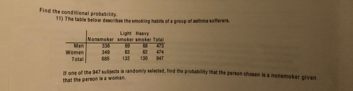 Find the conditional probability.
11) The table below describes the smoking habits of a group of asthma sufferers.
Light Heavy
Nonsmoker smoker smoker Total
Men
69
336
349
473
62
68
Women
63
474
Total
685
132
130
947
.e of the 947 subjects is randomly selected, find the probability that the person chosen is a nonsmoker given
that the person is a woman.
