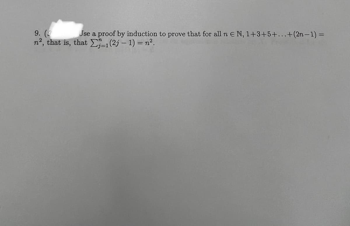 Use a proof by induction to prove that for all \( n \in \mathbb{N} \), \( 1 + 3 + 5 + \ldots + (2n - 1) = n^2 \), that is, that \( \sum_{j=1}^{n} (2j - 1) = n^2 \).