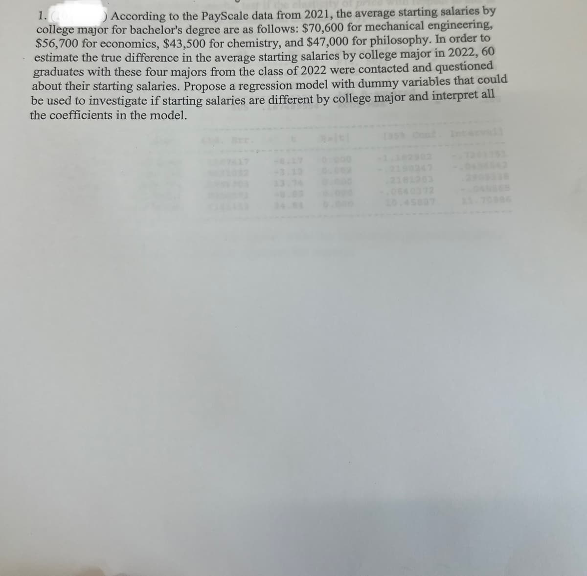 1. (10
) According to the PayScale data from 2021, the average starting salaries by
college major for bachelor's degree are as follows: $70,600 for mechanical engineering,
$56,700 for economics, $43,500 for chemistry, and $47,000 for philosophy. In order to
estimate the true difference in the average starting salaries by college major in 2022, 60
graduates with these four majors from the class of 2022 were contacted and questioned
about their starting salaries. Propose a regression model with dummy variables that could
be used to investigate if starting salaries are different by college major and interpret all
the coefficients in the model.
0.000