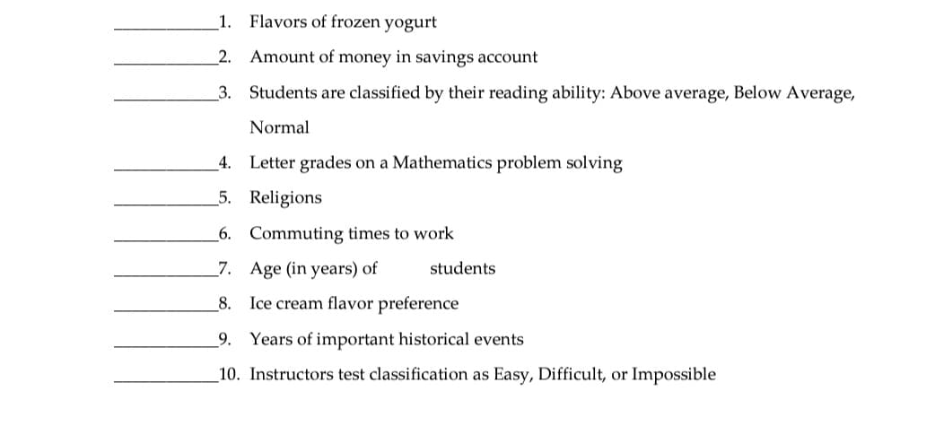 1.
Flavors of frozen yogurt
_2. Amount of money in savings account
3. Students are classified by their reading ability: Above average, Below Average,
Normal
_4. Letter grades on a Mathematics problem solving
_5. Religions
_6. Commuting times to work
_7. Age (in years) of
students
_8. Ice cream flavor preference
9.
Years of important historical events
10. Instructors test classification as Easy, Difficult, or Impossible
