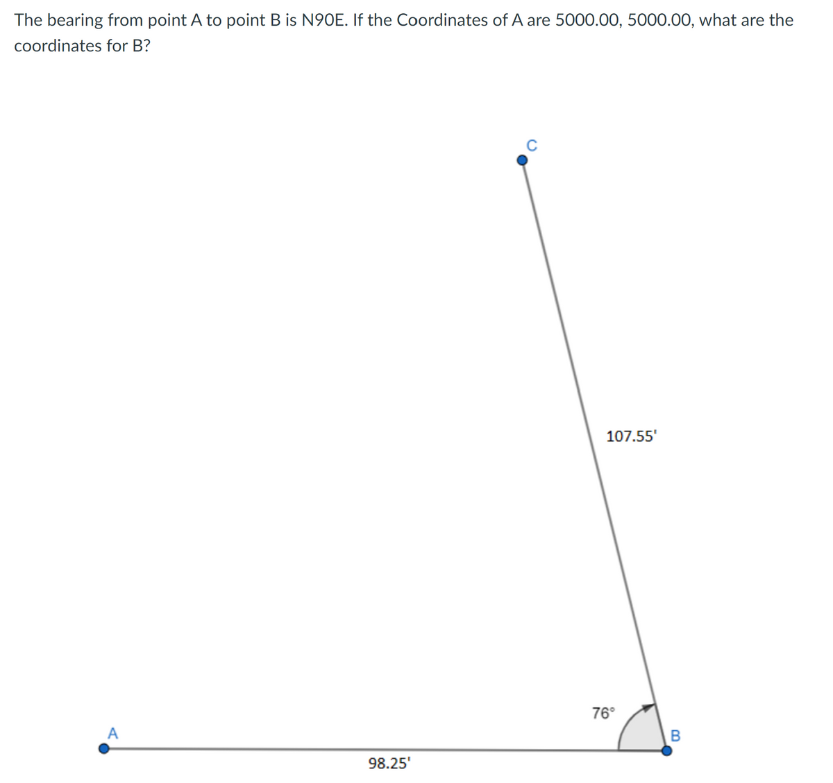 The bearing from point A to point B is N90E. If the Coordinates of A are 5000.00, 5000.00, what are the
coordinates for B?
A
98.25'
с
107.55'
76°
B