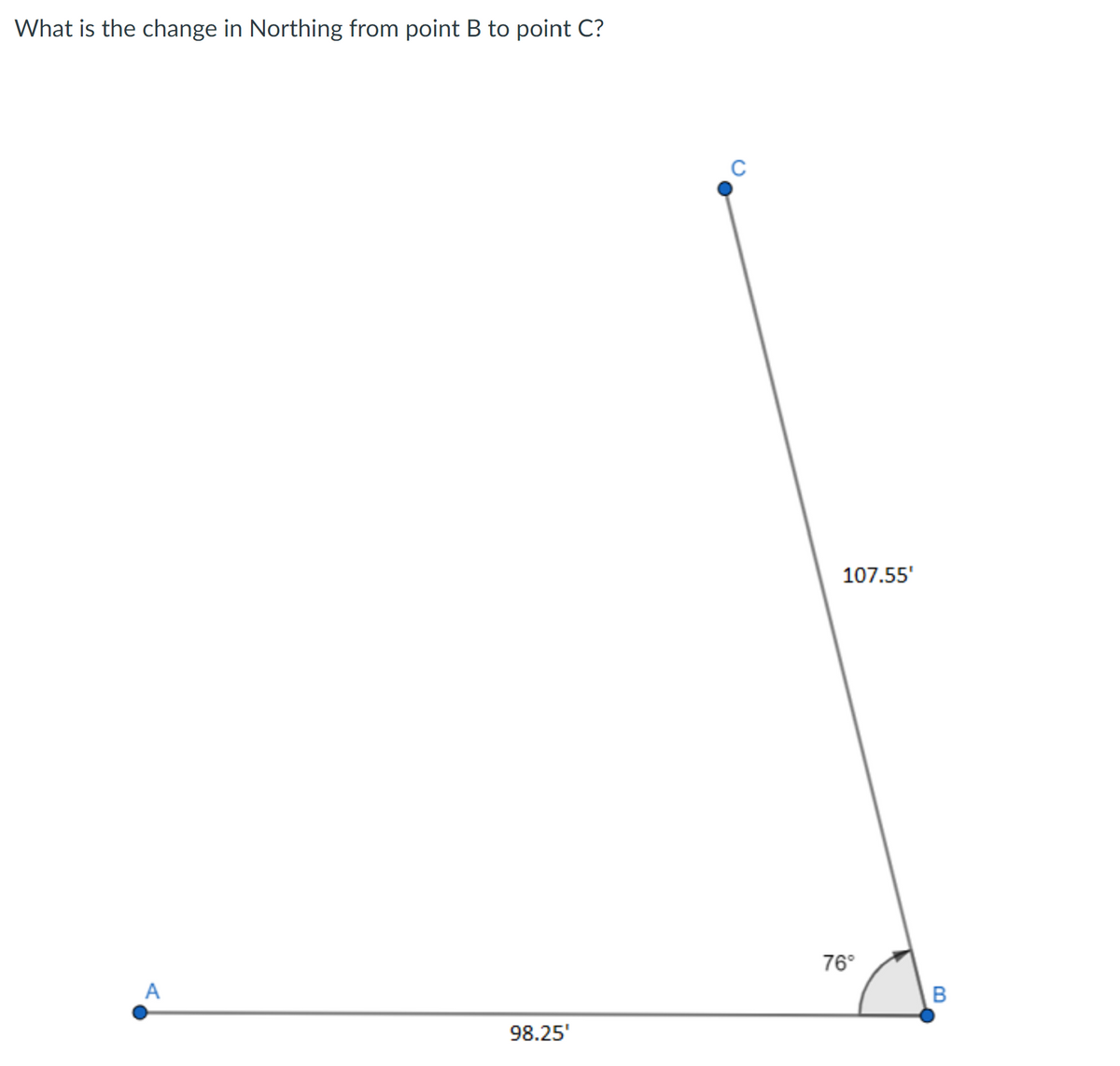 What is the change in Northing from point B to point C?
A
98.25'
C
107.55'
76°
B