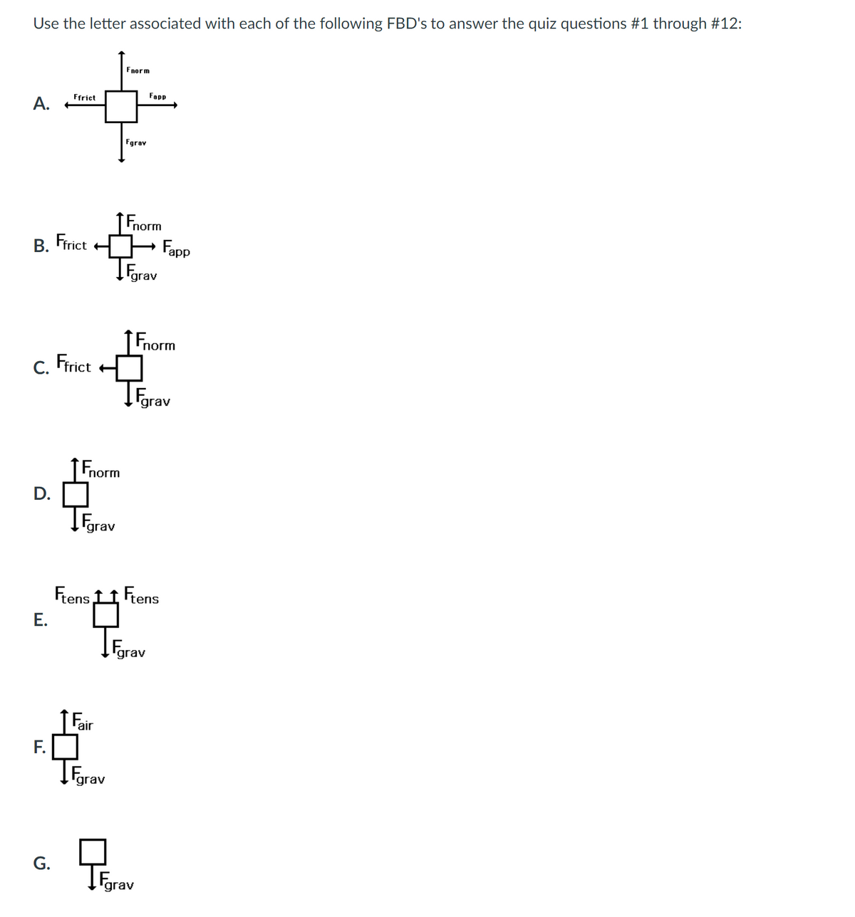 Use the letter associated with each of the following FBD's to answer the quiz questions #1 through #12:
Fnorm
Ffrict
A.
Fgrav
Fnorm
B. Ffrict Fapp
→
Farav
C. Ffrict
D.
E.
F.
G.
Fnorm
Fgrav
Ftens
Fair
grav
Fnorm
grav
Fapp
Ftens
Fgrav
Fgrav