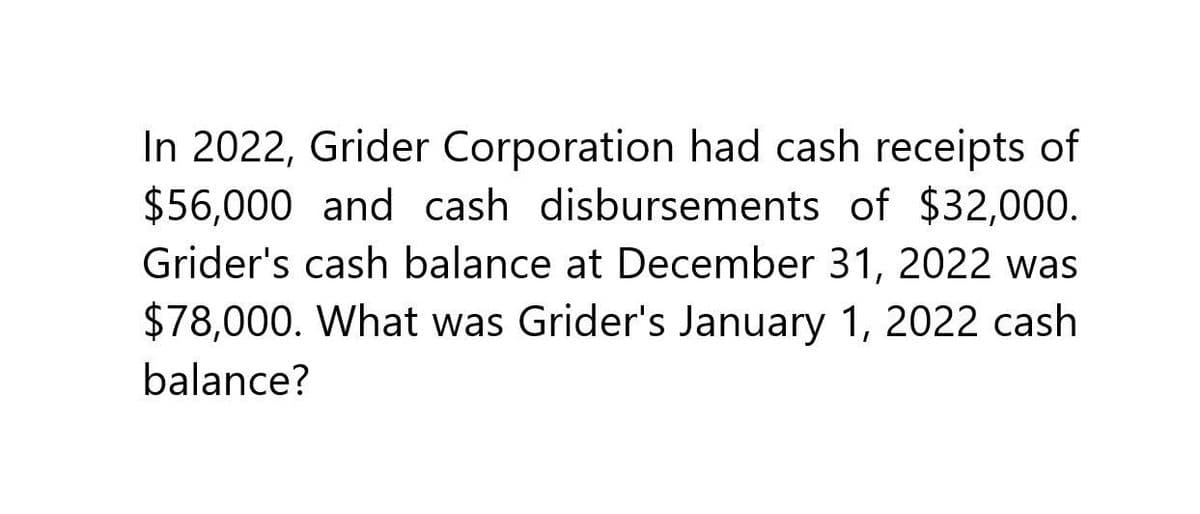 In 2022, Grider Corporation had cash receipts of
$56,000 and cash disbursements of $32,000.
Grider's cash balance at December 31, 2022 was
$78,000. What was Grider's January 1, 2022 cash
balance?