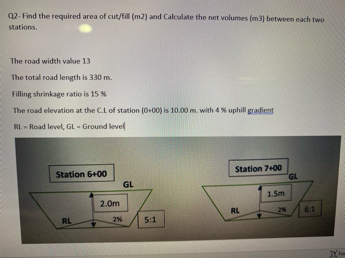 Q2- Find the required area of cut/fill (m2) and Calculate the net volumes (m3) between each two
stations.
The road width value 13
The total road length is 330 m.
Filling shrinkage ratio is 15 %
The road elevation at the C.L of station (0+00) is 10.00 m. with 4 % uphill gradient
RL = Road level, GL = Ground level
Station 6+00
Station 7+00
GL
GL
1.5m
2.0m
RL
2%
6:1
RL
2%
5:1
