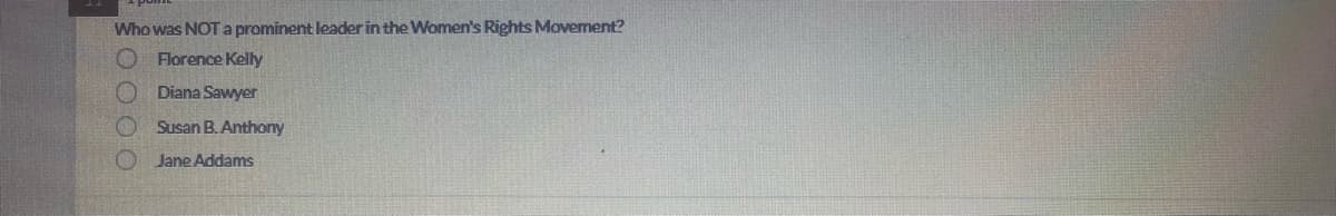 Who was NOT a prominent leader in the Women's Rights Movement?
Florence Kelly
Diana Sawyer
Susan B. Anthony
Jane Addams