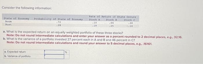 Consider the following information:
State of Economy Probability of State of Economy
Boom
Bust
72
.28
a. Expected return
b. Variance of portfolio
Rate of Return if State Occursa
Stock A Stock B
Stock C
.30
--10
%
10
-19
a. What is the expected return on an equally weighted portfolio of these three stocks?
Note: Do not round intermediate calculations and enter your answer as a percent rounded to 2 decimal places, e.g., 32.16.
b. What is the variance of a portfolio invested 27 percent each in A and B and 46 percent in C?
Note: Do not round intermediate calculations and round your answer to 5 decimal places, e.g., .16161.
.04
.25