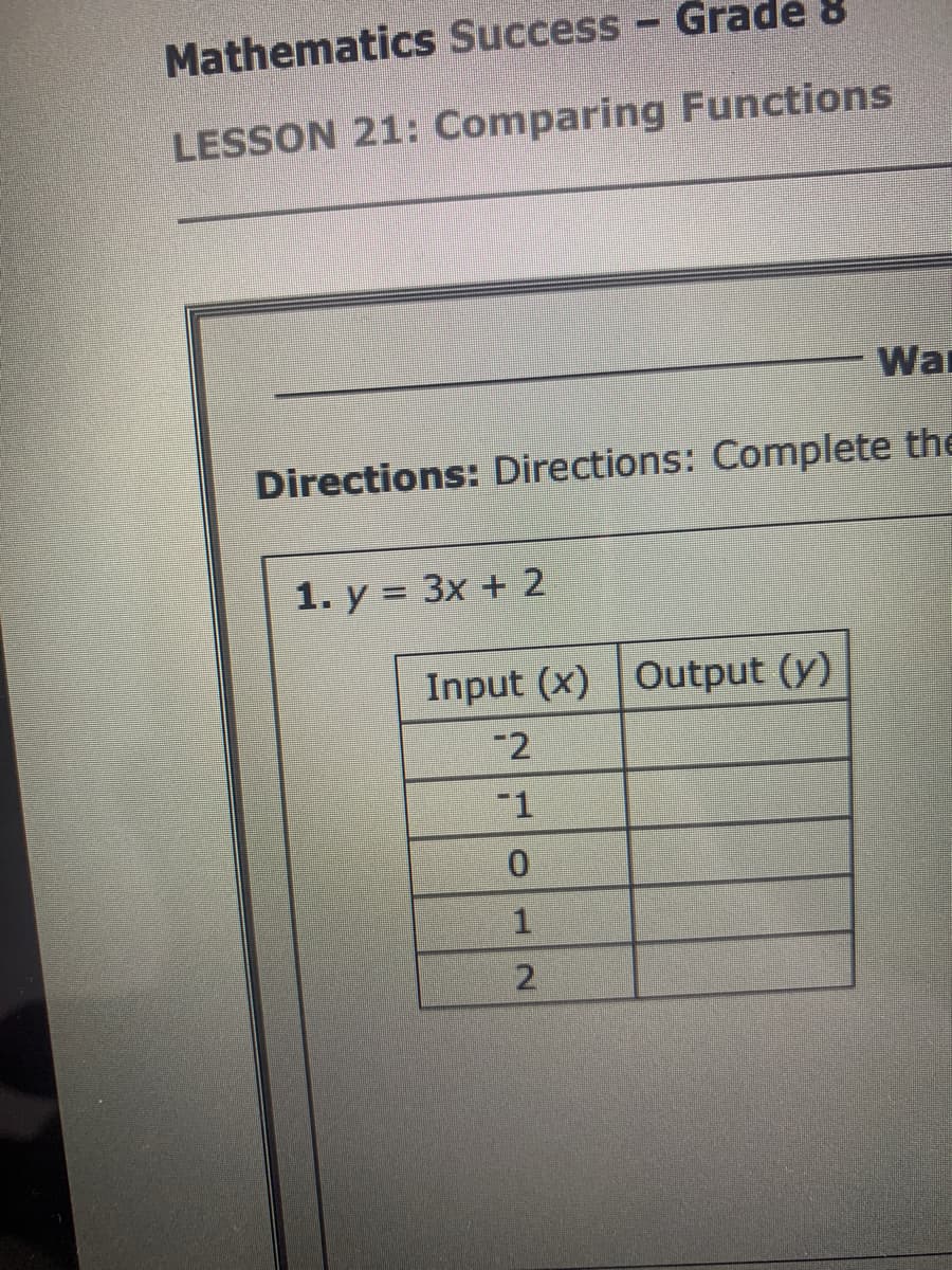 Mathematics Success
Grade 8
LESSON 21: Comparing Functions
War
Directions: Directions: Complete the
1. y = 3x + 2
Input (x) Output (y)
-2
F1
21
