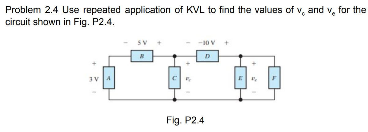 Problem 2.4 Use repeated application of KVL to find the values of v, and v, for the
circuit shown in Fig. P2.4.
5 V
-10 V
D
3 V A
E
De
Fig. P2.4
