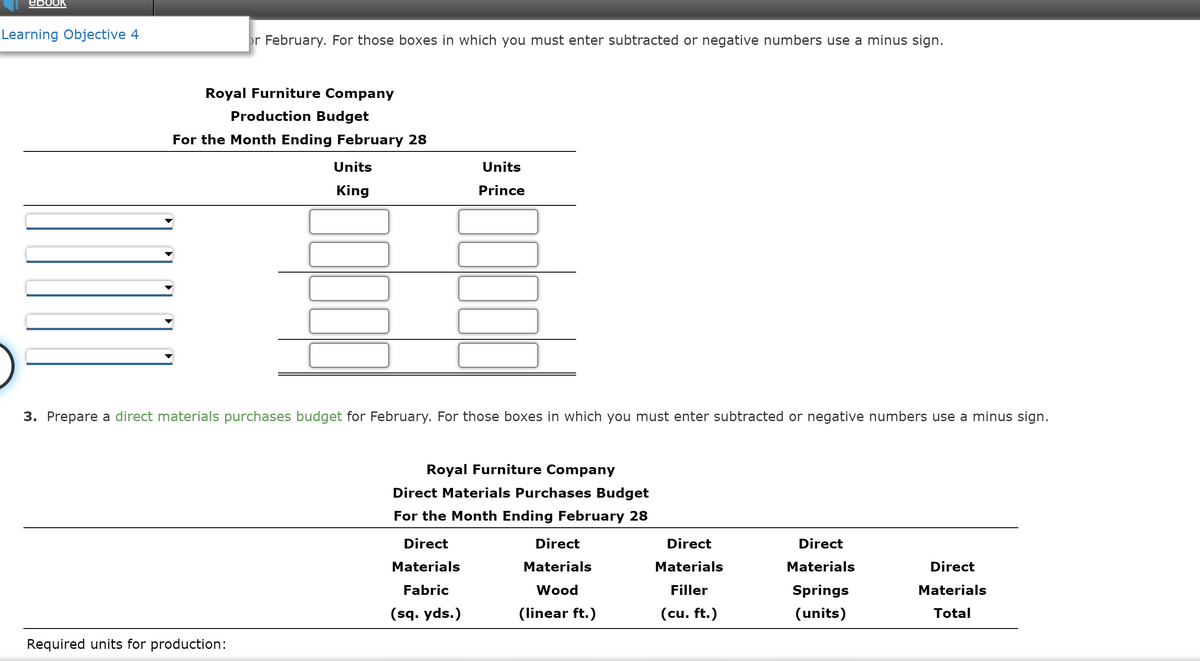 Learning Objective 4
or February. For those boxes in which you must enter subtracted or negative numbers use a minus sign.
Royal Furniture Company
Production Budget
For the Month Ending February 28
Required units for production:
Units
King
Units
Prince
3. Prepare a direct materials purchases budget for February. For those boxes in which you must enter subtracted or negative numbers use a minus sign.
Royal Furniture Company
Direct Materials Purchases Budget
For the Month Ending February 28
Direct
Materials
Fabric
(sq. yds.)
Direct
Materials
Wood
(linear ft.)
Direct
Materials
Filler
(cu. ft.)
Direct
Materials
Springs
(units)
Direct
Materials
Total