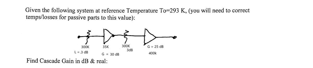 Given the following system at reference Temperature To=293 K, (you will need to correct
temps/losses for passive parts to this value):
300K
3dB
300K
35K
G = 25 dB
L = .3 dB
400k
G = 30 dB
Find Cascade Gain in dB & real:
