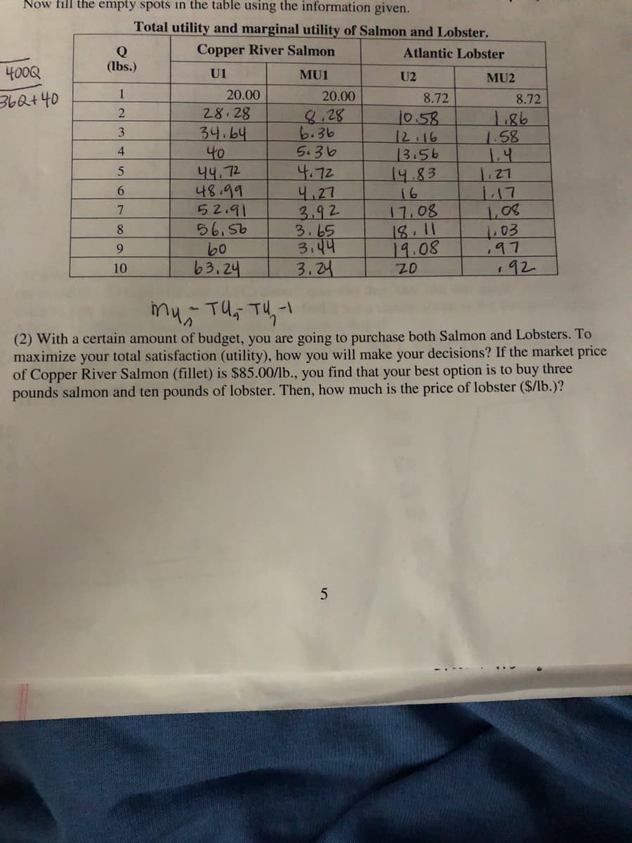 Now fill the empty spots in the table using the information given.
Total utility and marginal utility of Salmon and Lobster.
Copper River Salmon
Q
(lbs.)
Atlantic Lobster
400Q
U1
MU1
U2
MU2
1
20.00
20.00
36Q+40
8.72
8.72
28.28
34.64
40
44.72
48.99
52.91
56,56
8.28
6.36
5.36
4.72
4.27
3.92
3.65
3.44
3.24
10.58
12.16
13.56
14.83
16
17,08
18.11
19.08
1,86
1.58
1.4
1.27
1.17
3
4.
6.
.03
.97
192
8
9.
10
63.24
1-
(2) With a certain amount of budget, you are going to purchase both Salmon and Lobsters. To
maximize your total satisfaction (utility), how you will make your decisions? If the market price
of Copper River Salmon (fillet) is $85.00/lb., you find that your best option is to buy three
pounds salmon and ten pounds of lobster. Then, how much is the price of lobster ($/lb.)?
