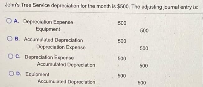 John's Tree Service depreciation for the month is $500. The adjusting journal entry is:
O A. Depreciation Expense
Equipment
500
500
B. Accumulated Depreciation
500
Depreciation Expense
500
OC. Depreciation Expense
500
Accumulated Depreciation
500
O D. Equipment
500
Accumulated Depreciation
500
