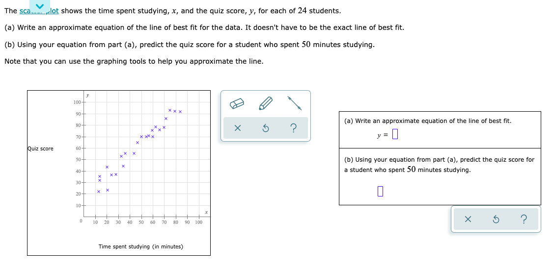 ### Scatter Plot Analysis and Line of Best Fit

The scatter plot below shows the time spent studying, \( x \), and the quiz score, \( y \), for each of 24 students.

#### Tasks:

**(a) Write an approximate equation of the line of best fit for the data.** 
- It doesn't have to be the exact line of best fit. 

**(b) Using your equation from part (a), predict the quiz score for a student who spent 50 minutes studying.**

Note that you can use the graphing tools to help you approximate the line.

#### Scatter Plot Description:

- **X-axis (horizontal):** Time spent studying (in minutes), ranging from 0 to 100 minutes.
- **Y-axis (vertical):** Quiz score, ranging from 0 to 100.
- **Data Points:** Each '×' represents an individual student’s data on quiz score versus time spent studying.

![Scatter Plot](link-to-image)


#### Step-by-Step Guide:

1. **Analyzing the Scatter Plot:**
   - Observe the distribution of data points to identify the trend.
   - The general trend shows an increase in quiz scores with an increase in study time.

2. **Approximate the Line of Best Fit:**
   - You can use the graphing tools to draw a line that best approximates the trend observed in the data points.

3. **Determine the Equation:**
   - The equation of the line is generally in the form \( y = mx + b \).
   - Use two points on the line to solve for the slope \( m \) and the y-intercept \( b \).

4. **Predict the Quiz Score:**
   - Using the equation derived, substitute \( x = 50 \) to predict the quiz score for a student studying for 50 minutes.

#### Example:

1. **Drawing a Line:**
   - Consider two points that the line passes through: (10, 30) and (80, 90).
   
2. **Calculate the Slope \( m \):**
   \[
   m = \frac{y_2 - y_1}{x_2 - x_1} = \frac{90 - 30}{80 - 10} = \frac{60}{70} \approx 0.857
   \]

3. **Determine the Y-Intercept \( b \):**
   - Use one of the points