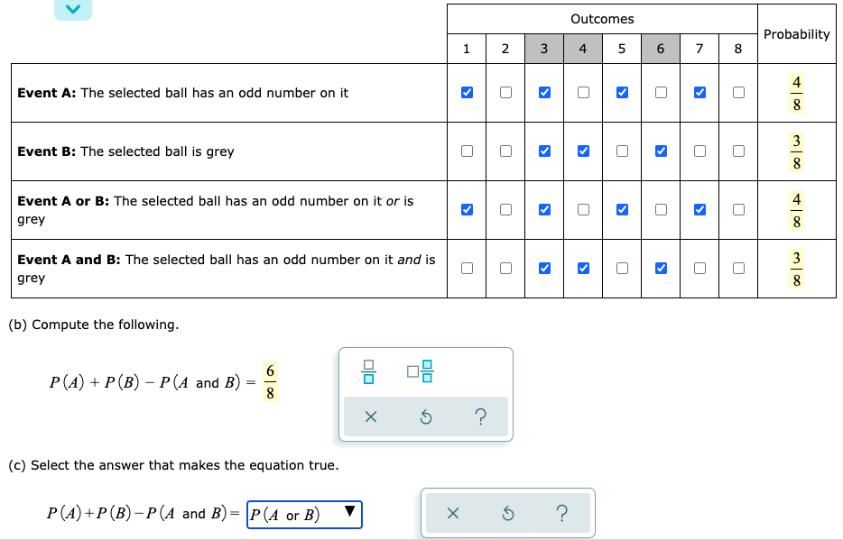 Event A: The selected ball has an odd number on it
Event B: The selected ball is grey
Event A or B: The selected ball has an odd number on it or is
grey
Event A and B: The selected ball has an odd number on it and is
grey
(b) Compute the following.
6
8 08
P(A) + P (B) - P(A and B):
=
8
5
(c) Select the answer that makes the equation true.
P(A) + P (B)-P(A and B)=P(A or B)
X
X
1 2
>
?
U
U
5
Outcomes
3 4 5
>
?
>
U
6
U
7
8
Probability
>
+100
U
U
U
m 100
3
8
+00
4
8
m 100
3
8