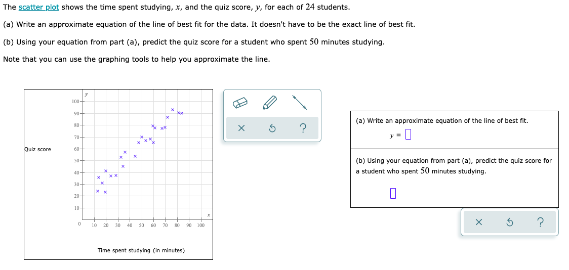 The scatter plot shows the time spent studying, \( x \), and the quiz score, \( y \), for each of 24 students.

(a) Write an approximate equation of the line of best fit for the data. It doesn't have to be the exact line of best fit.

(b) Using your equation from part (a), predict the quiz score for a student who spent 50 minutes studying.

Note that you can use the graphing tools to help you approximate the line.

**Graph Description:**
- The plot has the x-axis labeled "Time spent studying (in minutes)" ranging from 0 to 100 minutes.
- The y-axis is labeled "Quiz score" ranging from 0 to 100.
- The scatter plot shows 24 blue crosses indicating different data points.
- The data points show an upward trend, indicating a positive correlation between time spent studying and quiz scores.

### Interactive Features:
- There are tools shown for drawing, erasing, and resetting the approximations.
- Specific fields are provided for entering answers to part (a) and part (b).

```markdown
**(a) Write an approximate equation of the line of best fit.**
\[ y = \]

**(b) Using your equation from part (a), predict the quiz score for a student who spent 50 minutes studying.**
\[ \]
```

Feel free to use the drawing tool to sketch the line of best fit and approximate the values.