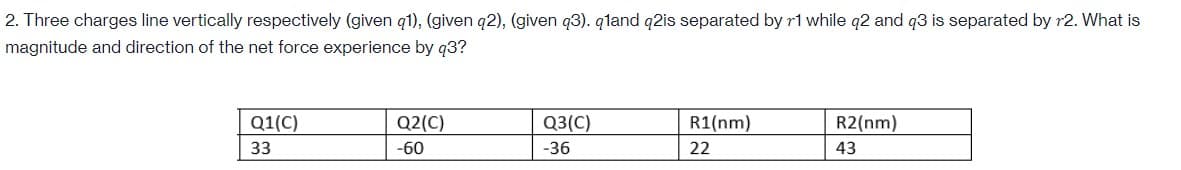 2. Three charges line vertically respectively (given q1), (given q2), (given q3). qland q2is separated by r1 while q2 and q3 is separated by r2. What is
magnitude and direction of the net force experience by q3?
Q1(C)
Q2(C)
Q3(C)
R1(nm)
R2(nm)
33
-60
-36
22
43
