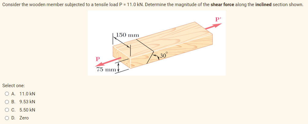 Consider the wooden member subjected to a tensile load P = 11.0 kN. Determine the magnitude of the shear force along the inclined section shown.
P'
150 mm
30
P
75 mm
Select one:
O A. 11.0 kN
O B. 9,53 kN
OC. 5.50 kN
O D. Zero
